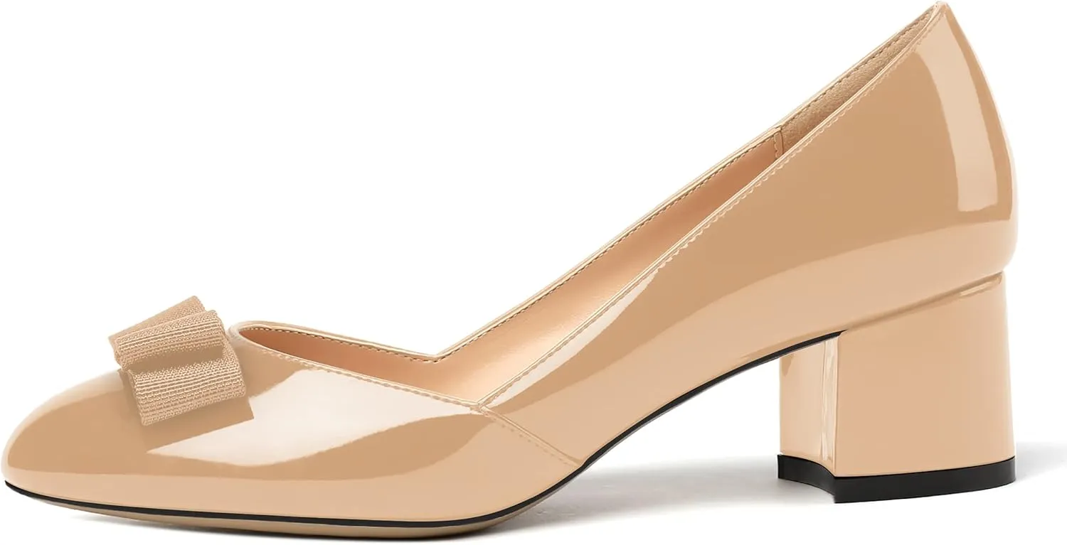 MODENCOCO Women's Round Toe Bow Slip On Patent Chunky Low Heel Pumps Office Work Dress Shoes 2 Inch