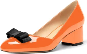 MODENCOCO Women's Round Toe Bow Slip On Patent Chunky Low Heel Pumps Office Work Dress Shoes 2 Inch