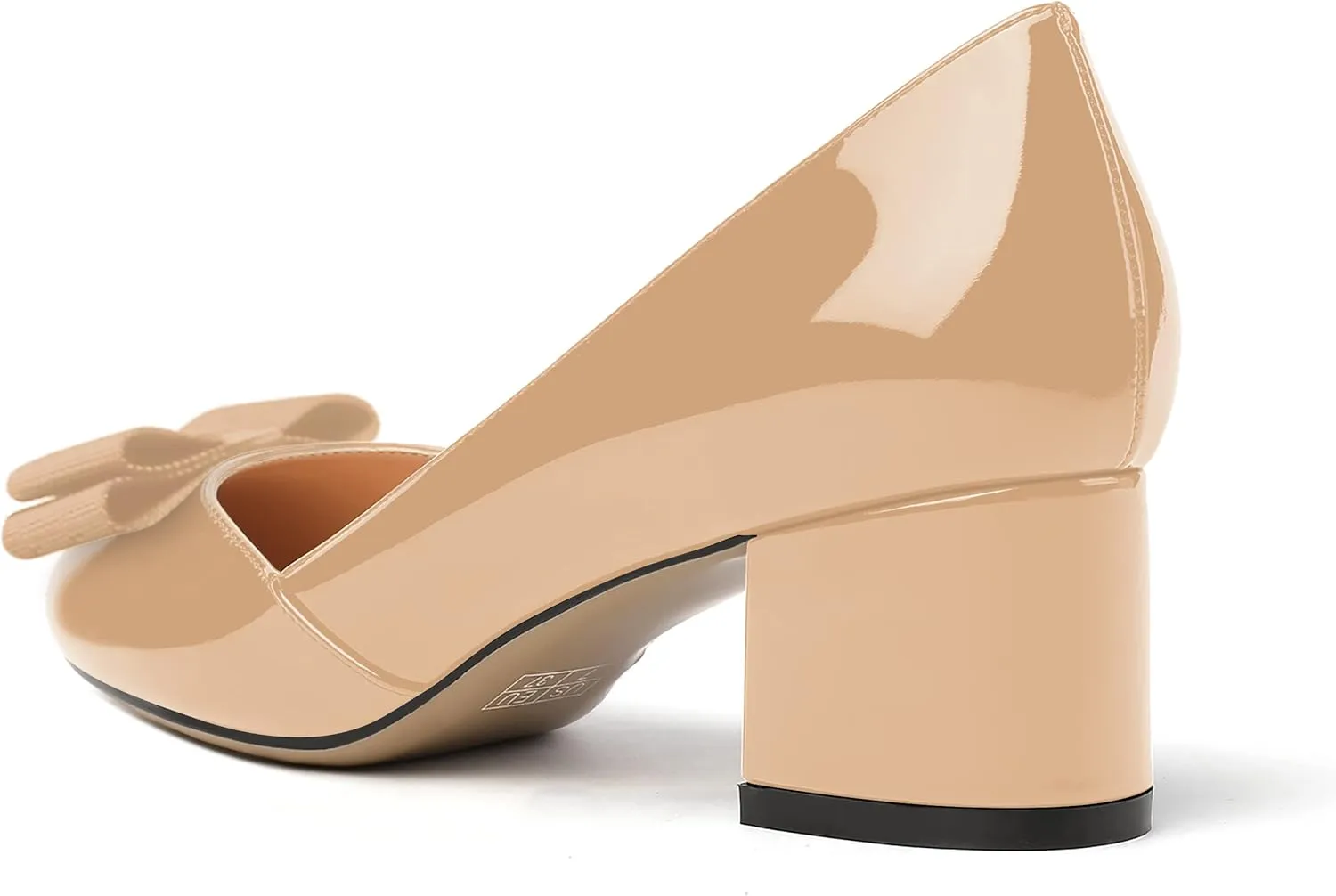 MODENCOCO Women's Round Toe Bow Slip On Patent Chunky Low Heel Pumps Office Work Dress Shoes 2 Inch