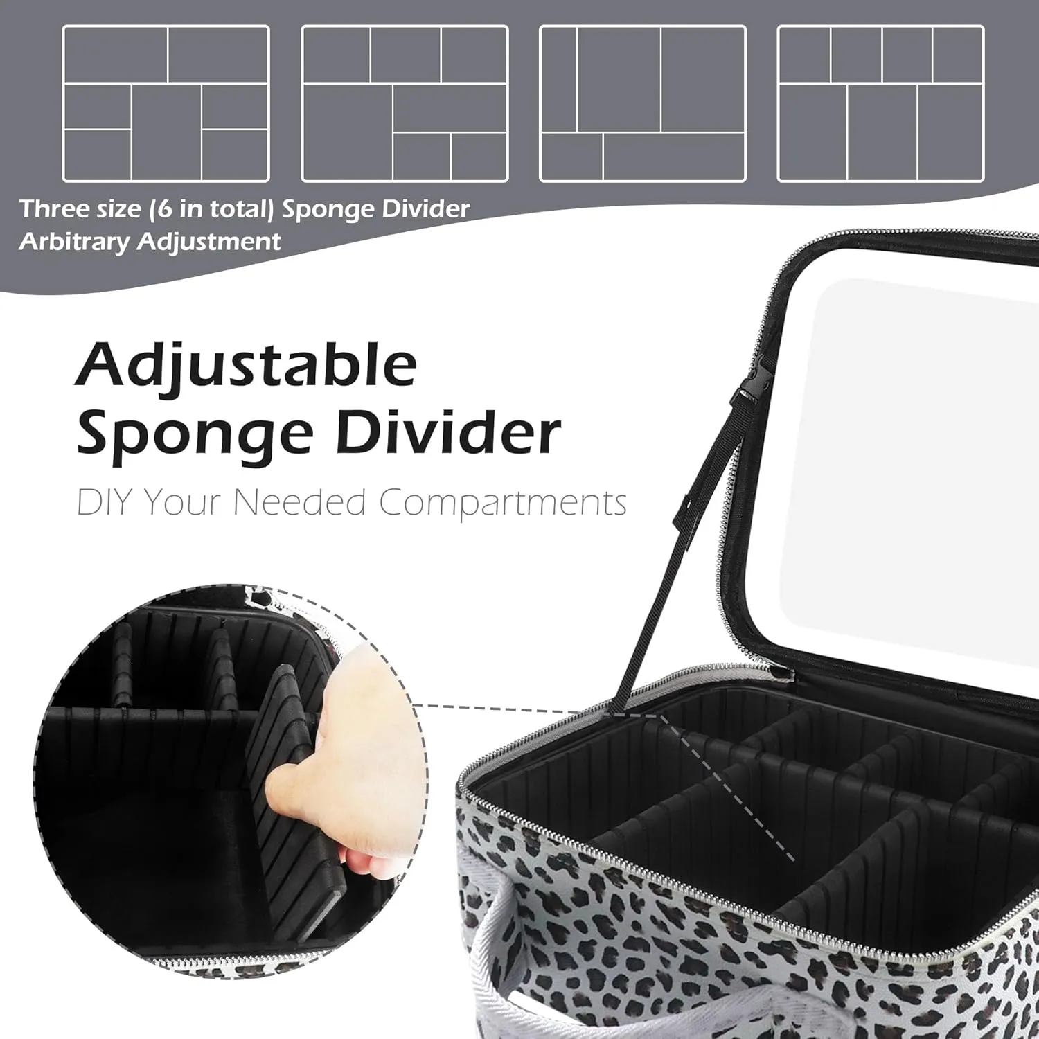 MOMIRA Makeup Bag with Mirror and Light Travel Makeup Train Case Cosmetic Organizer Portable Artist Storage Bag with Adjustable Dividers Makeup Brushes Storage Organizer Leopard-White
