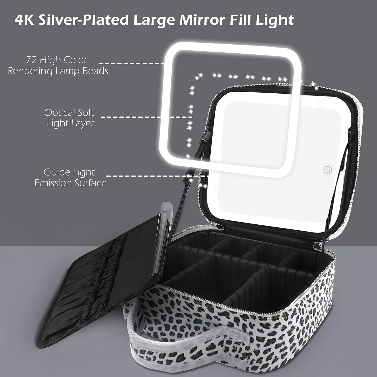 MOMIRA Makeup Bag with Mirror and Light Travel Makeup Train Case Cosmetic Organizer Portable Artist Storage Bag with Adjustable Dividers Makeup Brushes Storage Organizer Leopard-White