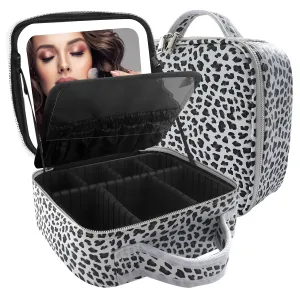 MOMIRA Makeup Bag with Mirror and Light Travel Makeup Train Case Cosmetic Organizer Portable Artist Storage Bag with Adjustable Dividers Makeup Brushes Storage Organizer Leopard-White