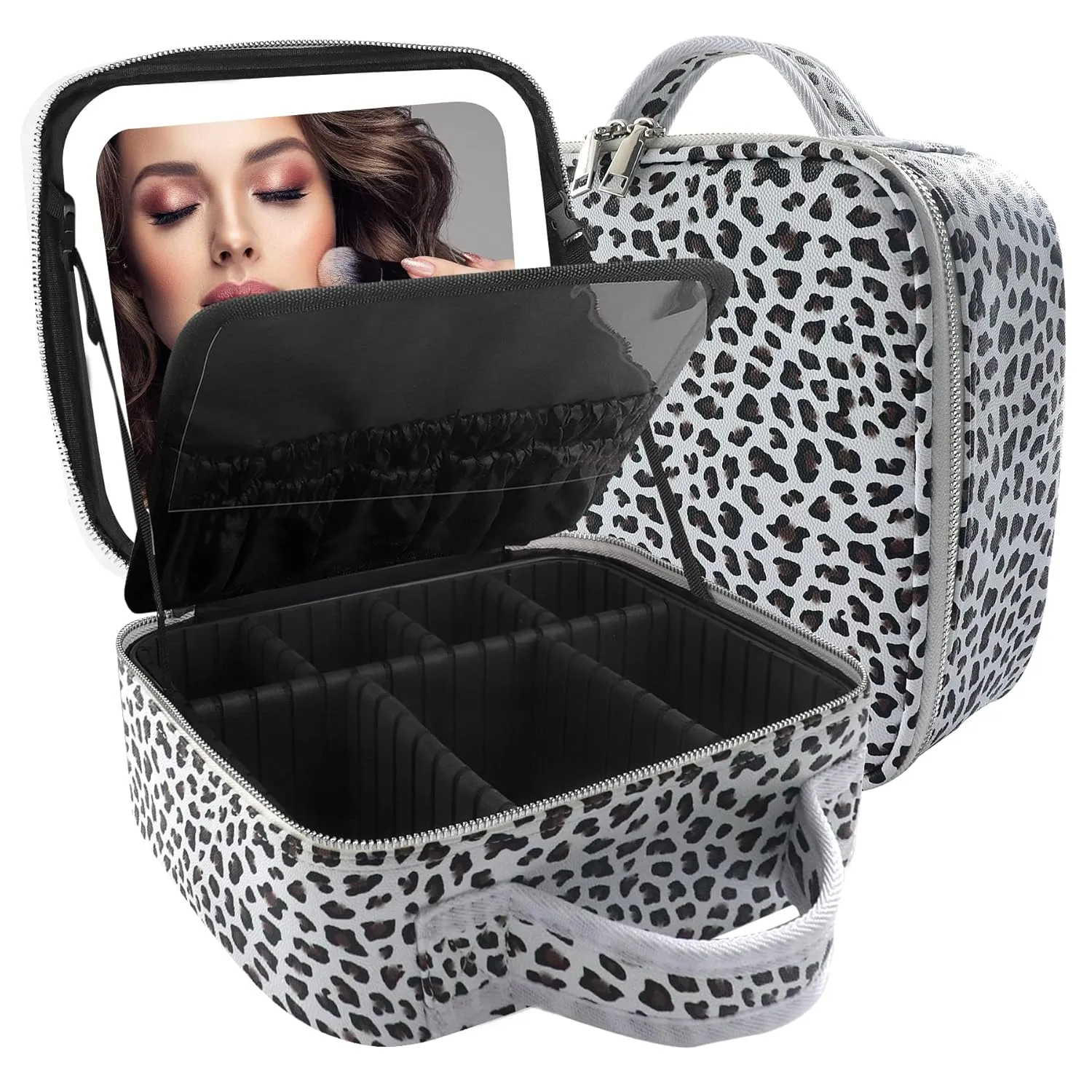 MOMIRA Makeup Bag with Mirror and Light Travel Makeup Train Case Cosmetic Organizer Portable Artist Storage Bag with Adjustable Dividers Makeup Brushes Storage Organizer Leopard-White