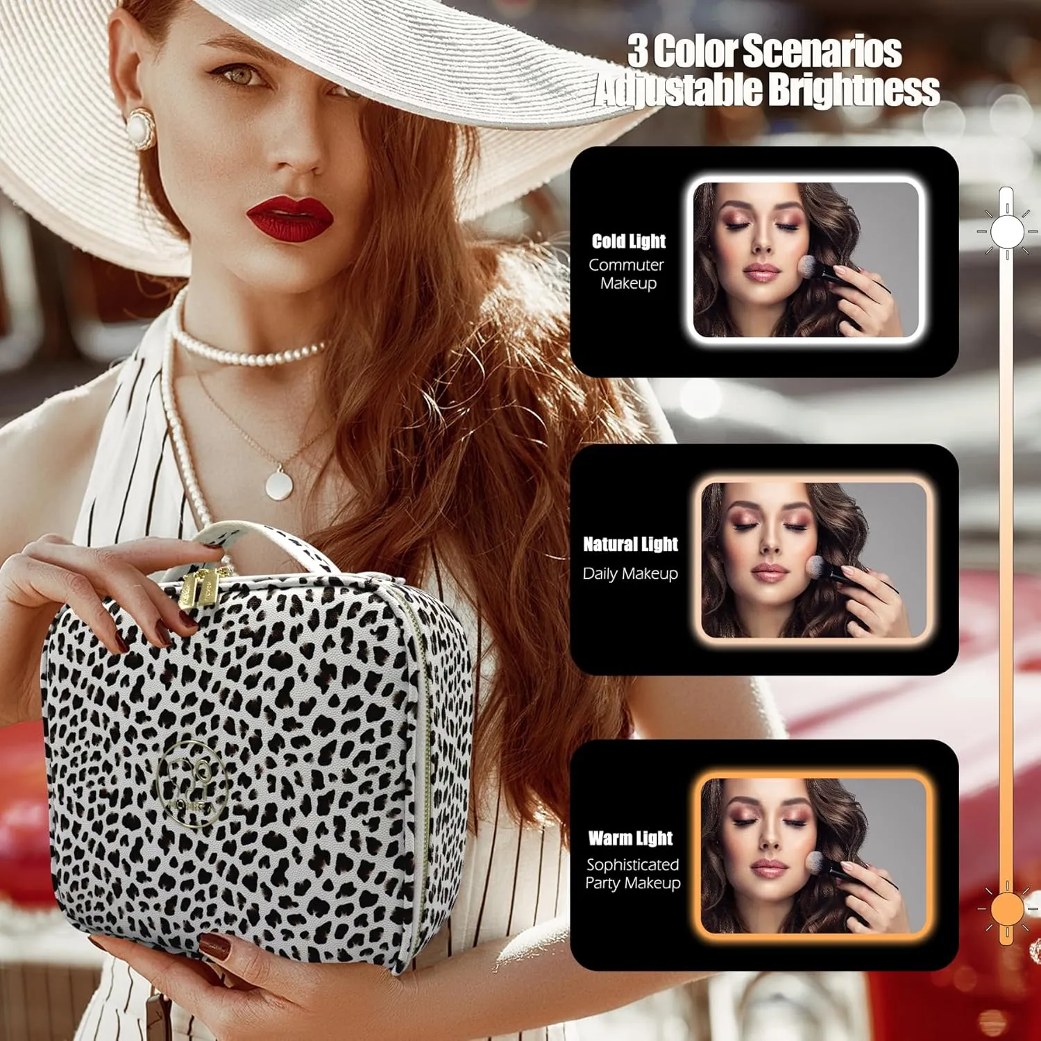 MOMIRA Makeup Bag with Mirror and Light Travel Makeup Train Case Cosmetic Organizer Portable Artist Storage Bag with Adjustable Dividers Makeup Brushes Storage Organizer Leopard-White
