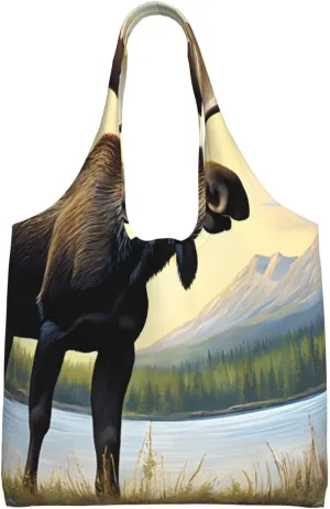 (Moose Cute Deer) Large Tote Shoulder Bag Fashion Canvas Handbag Reusable Shopping Bag Travel Bag For Women