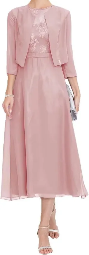Mother of The Bride Dresses for Women Elegant Two Piece Tea Length Formal Evening Dress with Jacket