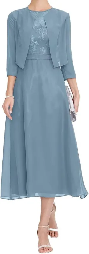 Mother of The Bride Dresses for Women Elegant Two Piece Tea Length Formal Evening Dress with Jacket