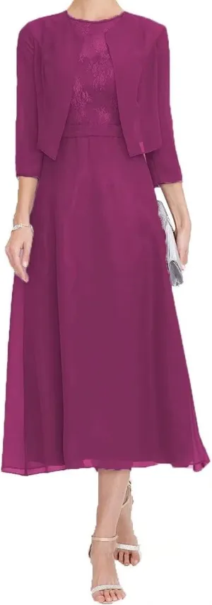 Mother of The Bride Dresses for Women Elegant Two Piece Tea Length Formal Evening Dress with Jacket