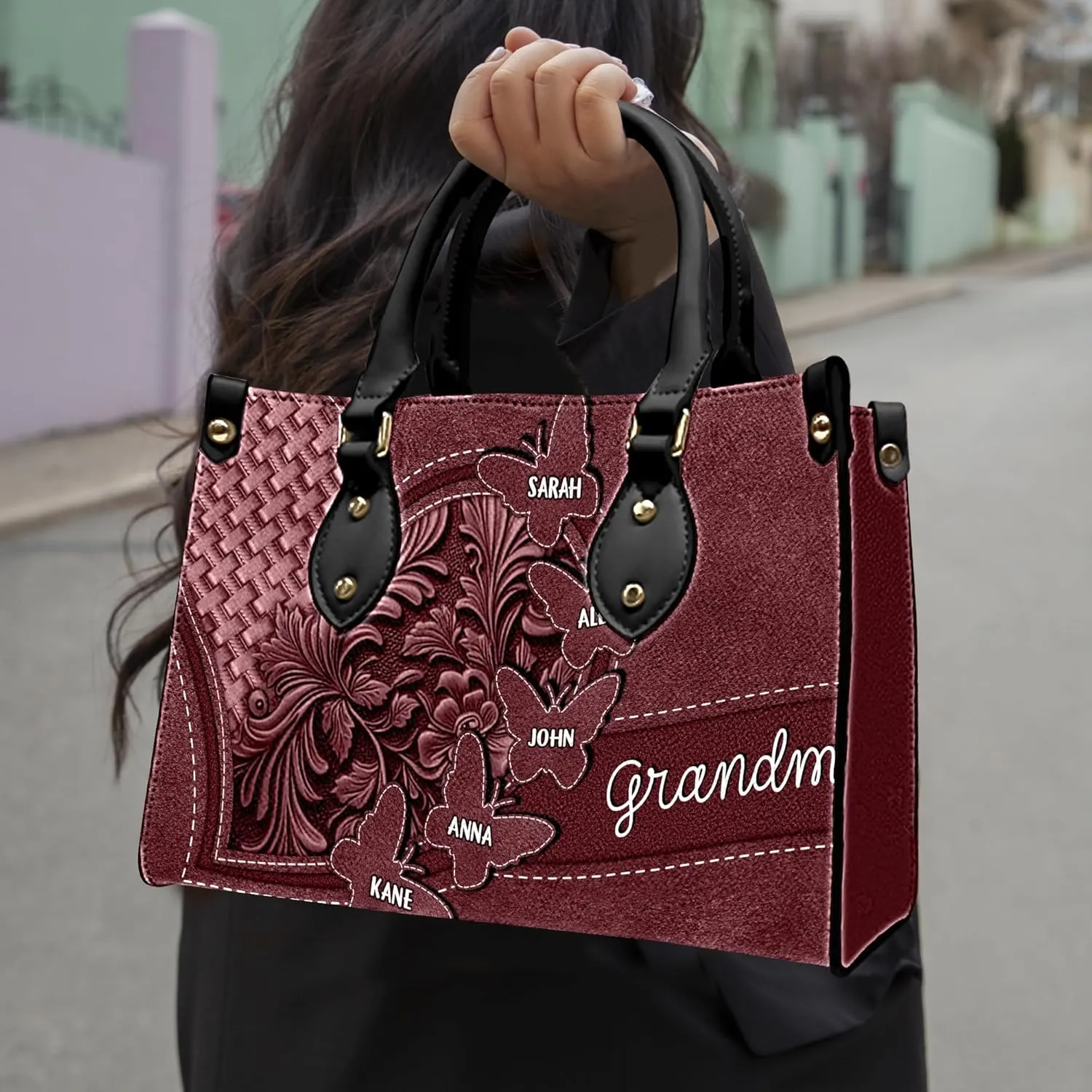 Mothers Day Gift Leather Bag- Personalized Grandmas Purse With Grandkids Names, Grandma Handbag Birthday Gifts For Mom Women