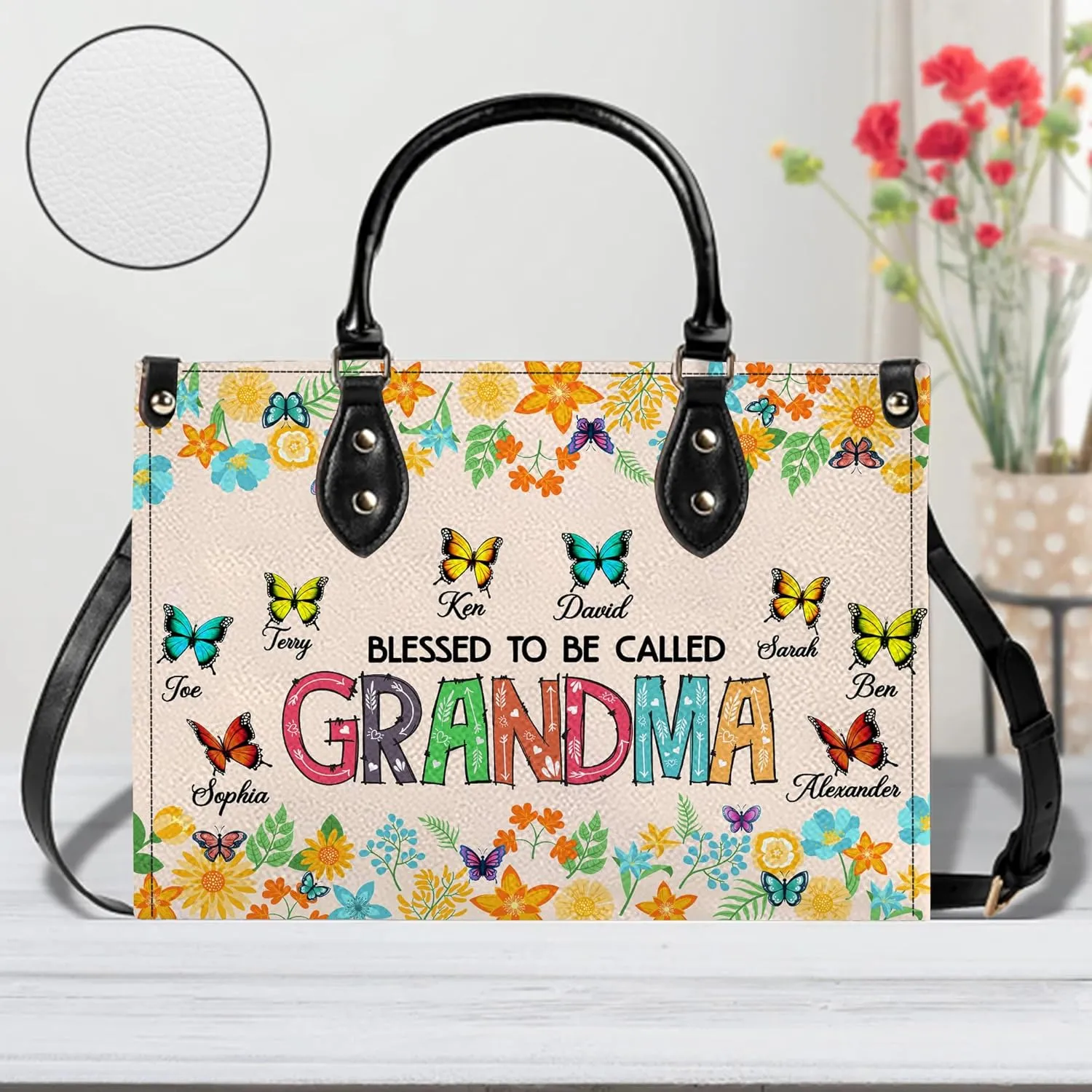 Mothers Day Gift Leather Bag- Personalized Grandmas Purse With Grandkids Names, Grandma Handbag Birthday Gifts For Mom Women