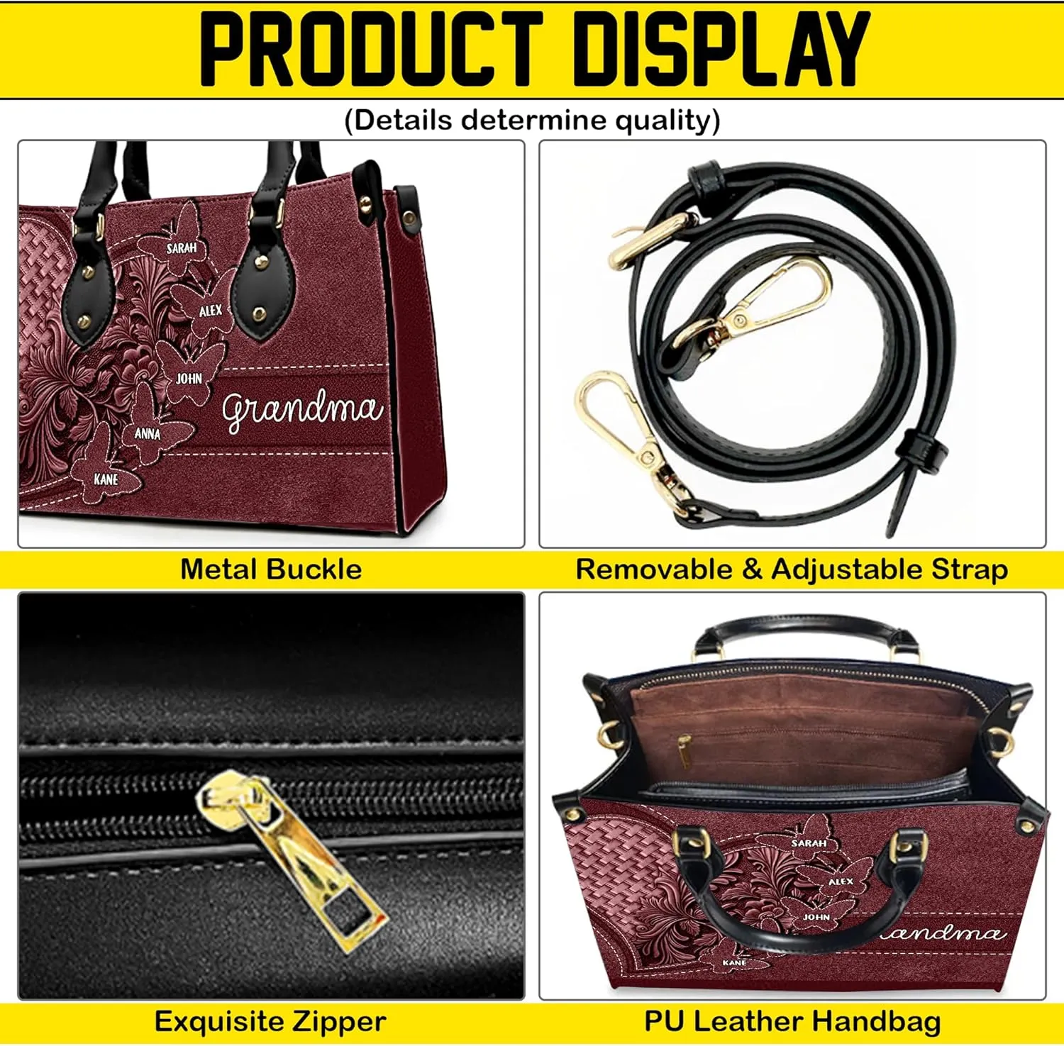 Mothers Day Gift Leather Bag- Personalized Grandmas Purse With Grandkids Names, Grandma Handbag Birthday Gifts For Mom Women
