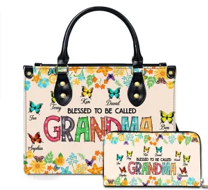 Mothers Day Gift Leather Bag- Personalized Grandmas Purse With Grandkids Names, Grandma Handbag Birthday Gifts For Mom Women