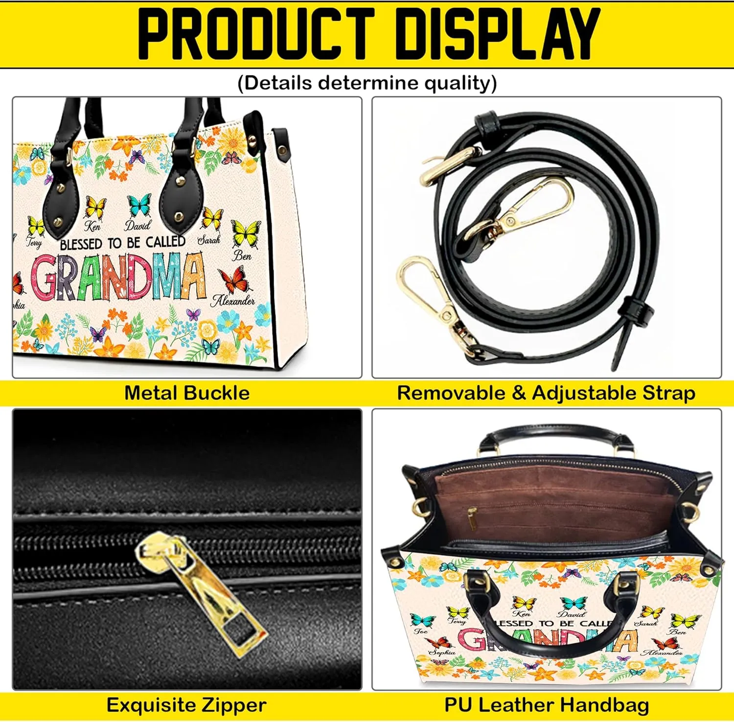 Mothers Day Gift Leather Bag- Personalized Grandmas Purse With Grandkids Names, Grandma Handbag Birthday Gifts For Mom Women