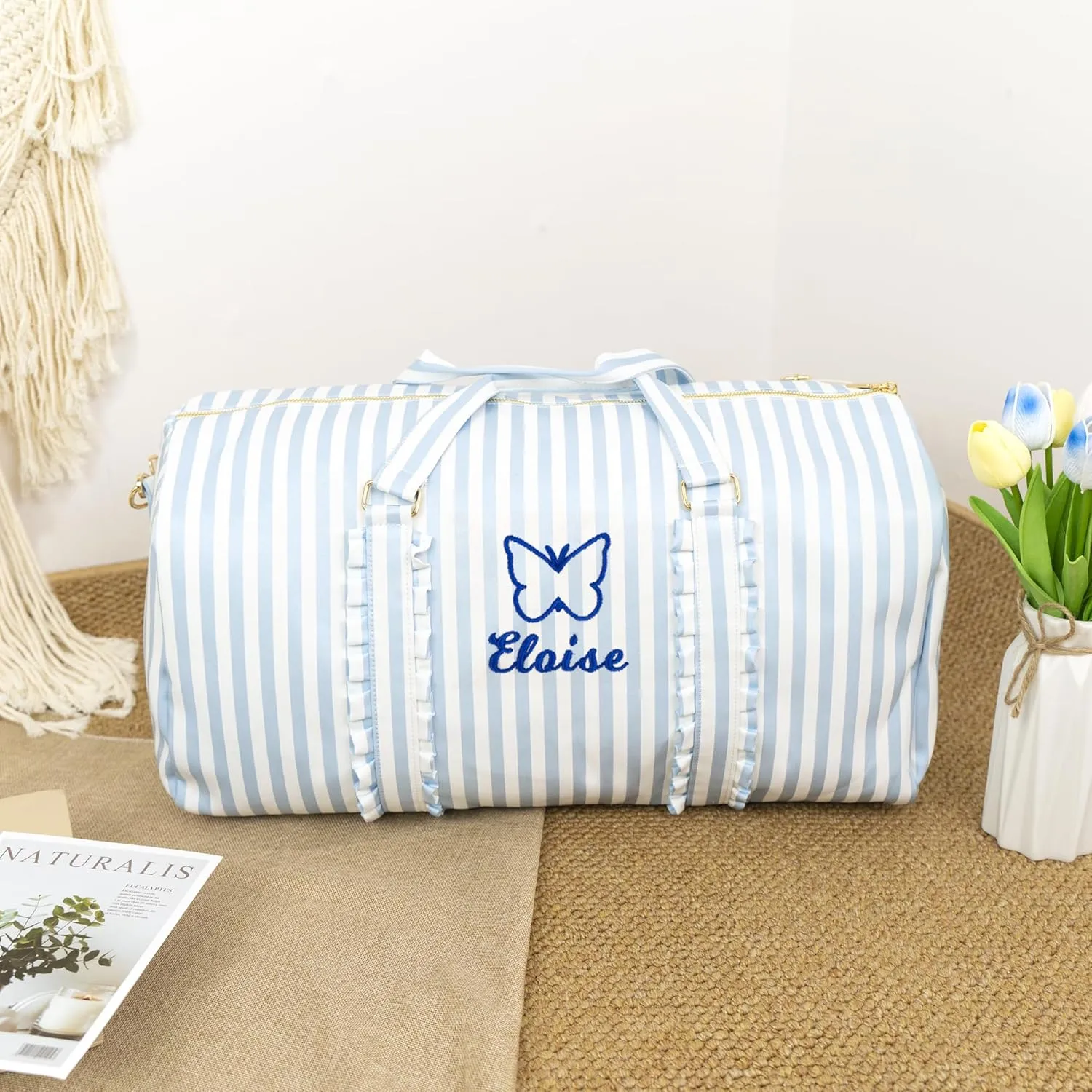 MT WORLD Kids Duffle Bag Personalized Waterproof Travel Overnight Duffle for Girls Weekender Sports Gym - Blue Striped Large Dance Bag with Name Custom Child Gifts for Birthday Summer Graduation