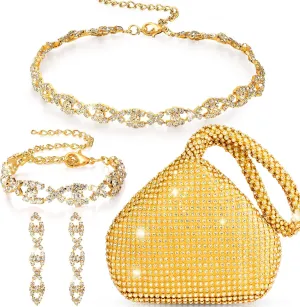 MTLEE 4 Pieces Rhinestone Necklace Choker Bracelet Earring Clutch Purses Jewelry Set Women Crystal Triangle Bling Diamond Purse Rhinestone Bag for Wedding Party