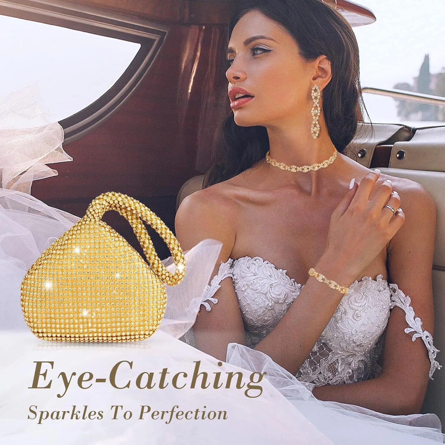 MTLEE 4 Pieces Rhinestone Necklace Choker Bracelet Earring Clutch Purses Jewelry Set Women Crystal Triangle Bling Diamond Purse Rhinestone Bag for Wedding Party