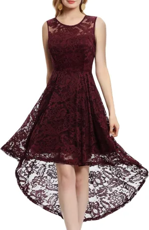 MUADRESS Women's Elegant Floral Lace Dress Sleeveless Crew Neck Hi-Lo Cocktail Dress for Evening Party