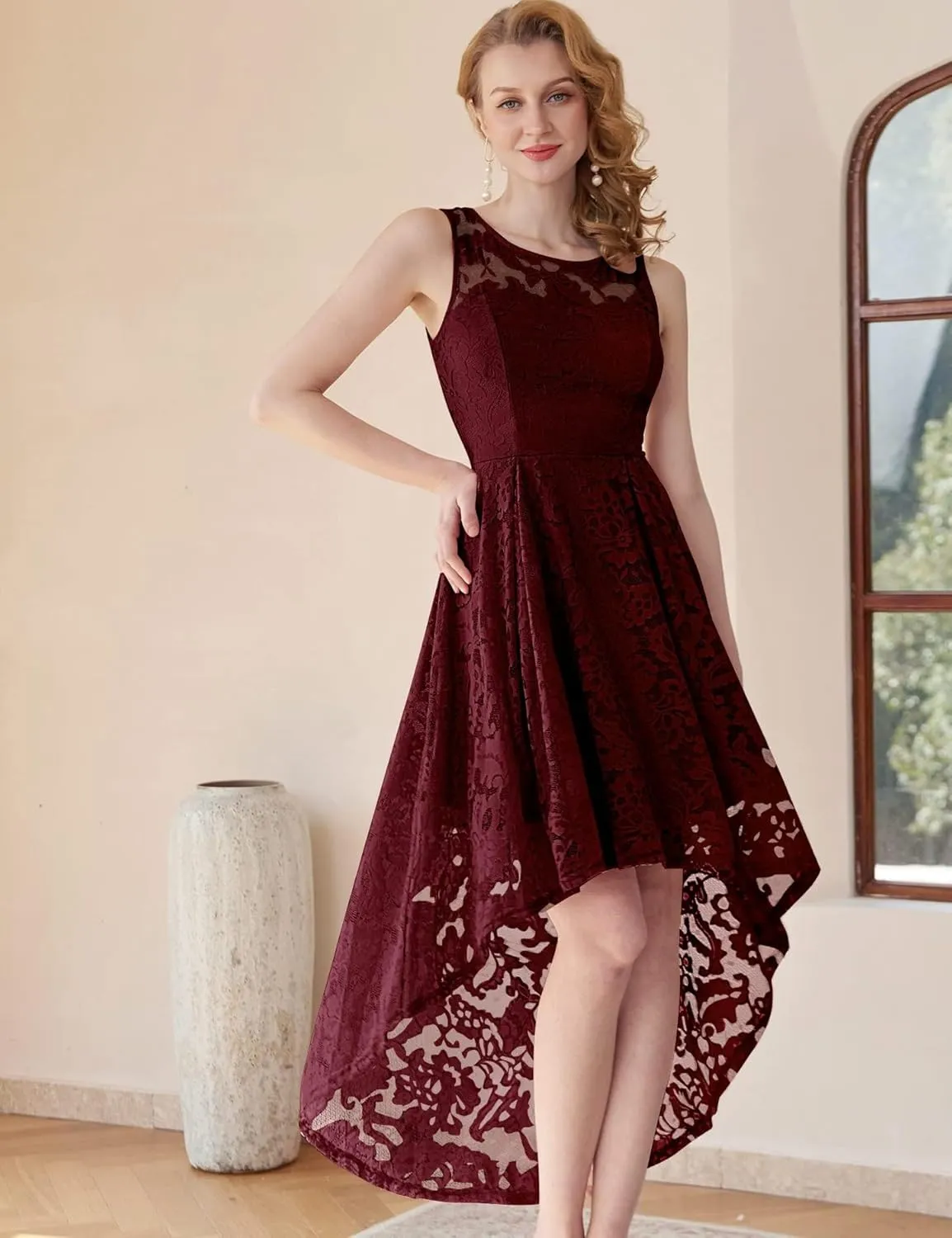 MUADRESS Women's Elegant Floral Lace Dress Sleeveless Crew Neck Hi-Lo Cocktail Dress for Evening Party