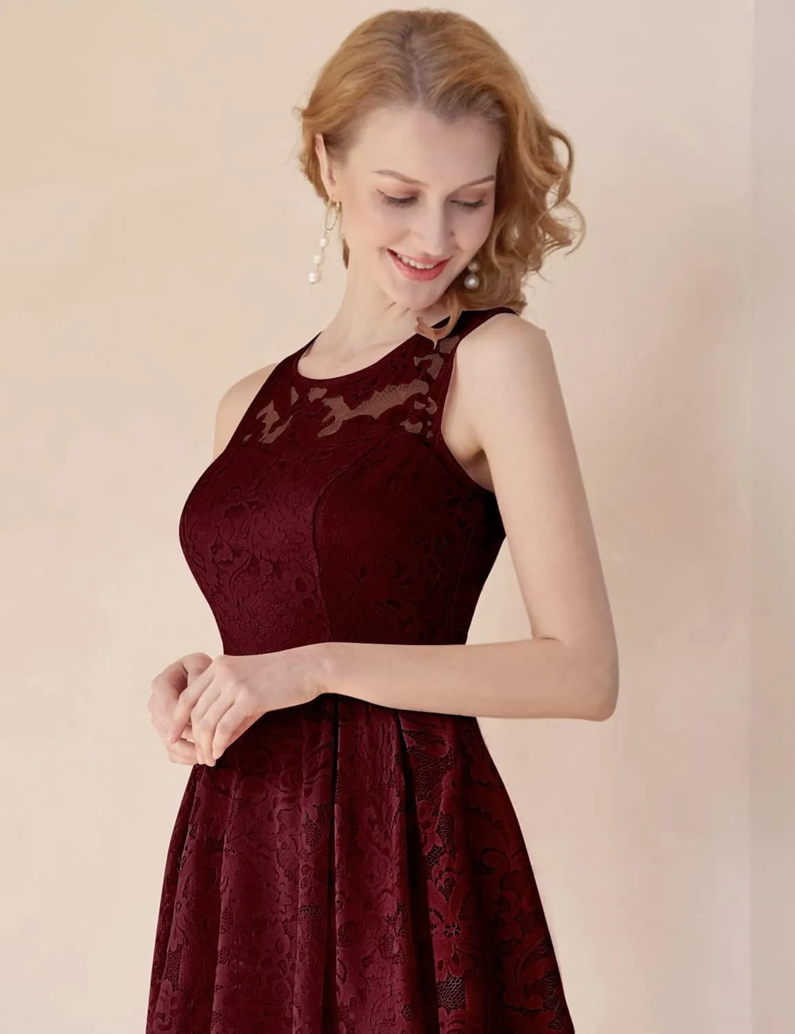 MUADRESS Women's Elegant Floral Lace Dress Sleeveless Crew Neck Hi-Lo Cocktail Dress for Evening Party