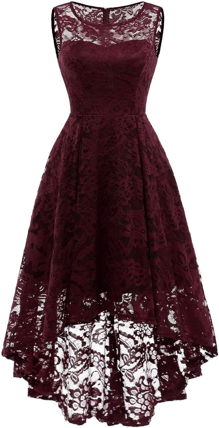 MUADRESS Women's Elegant Floral Lace Dress Sleeveless Crew Neck Hi-Lo Cocktail Dress for Evening Party