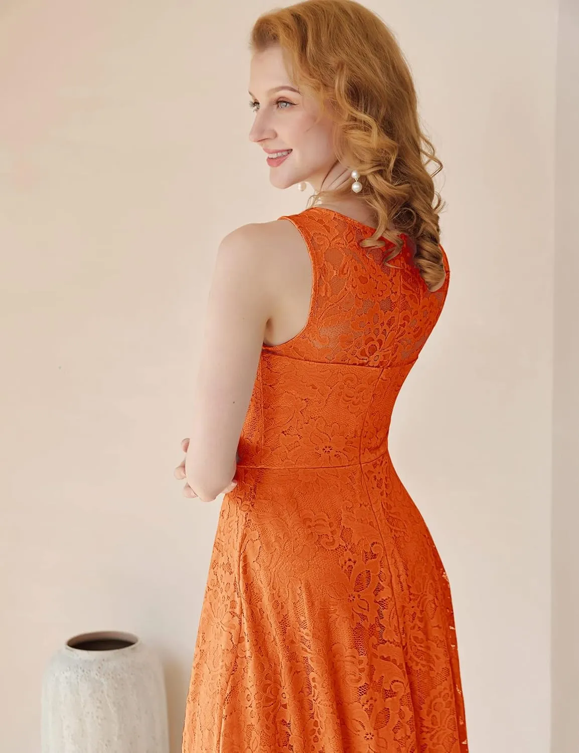 MUADRESS Women's Elegant Floral Lace Dress Sleeveless Crew Neck Hi-Lo Cocktail Dress for Evening Party