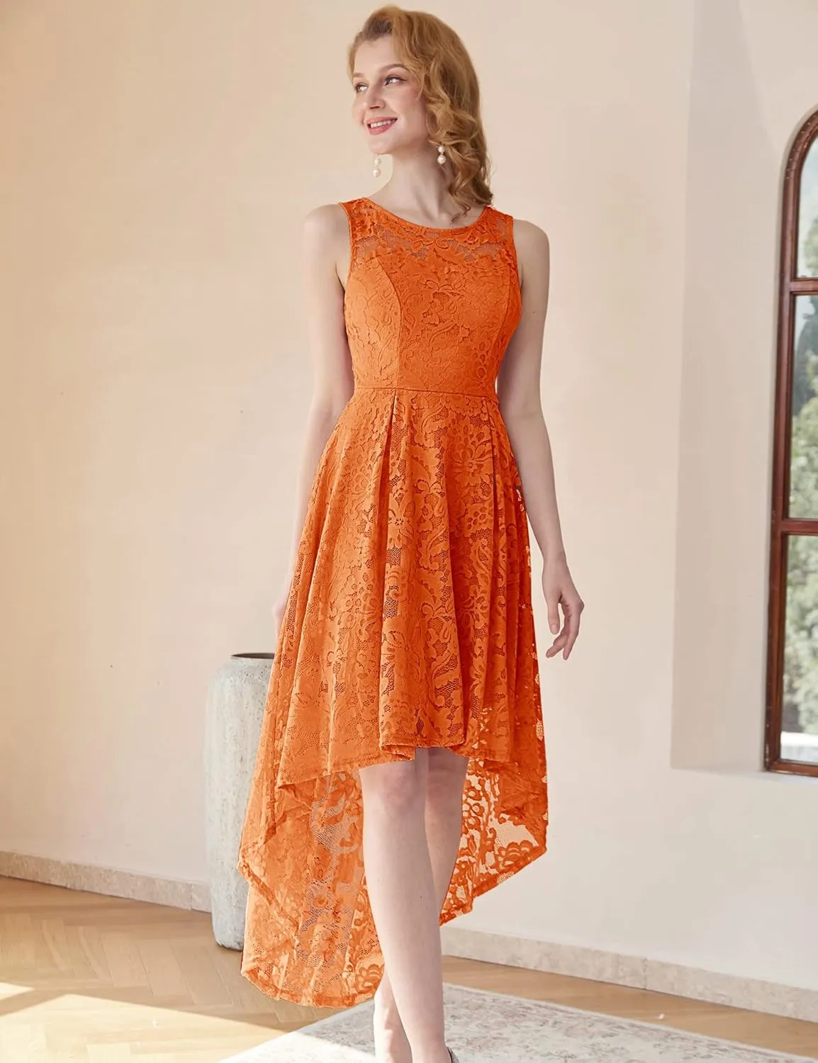 MUADRESS Women's Elegant Floral Lace Dress Sleeveless Crew Neck Hi-Lo Cocktail Dress for Evening Party