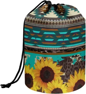 Multifunctional Bag Makeup Accessories for Women Aztec Sunflower Large Capacity Cosmetic Case,Brush Storage,Travel Cute Organizer for Travel, Gifts, and Daily Use Blue