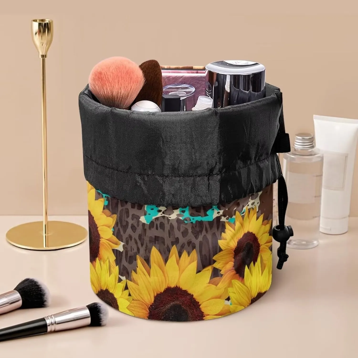 Multifunctional Bag Makeup Accessories for Women Aztec Sunflower Large Capacity Cosmetic Case,Brush Storage,Travel Cute Organizer for Travel, Gifts, and Daily Use Blue