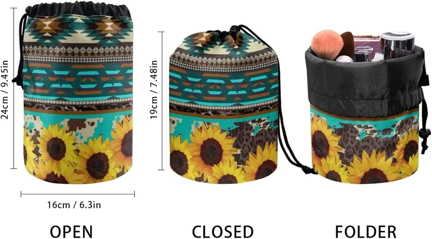 Multifunctional Bag Makeup Accessories for Women Aztec Sunflower Large Capacity Cosmetic Case,Brush Storage,Travel Cute Organizer for Travel, Gifts, and Daily Use Blue