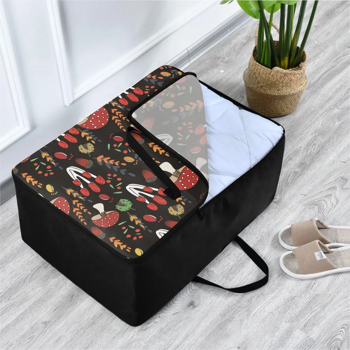 Mushrooms Black Background Storage Bags, 27.5x19.7x11 In, Garment Storage Organizer Travel Cargo Duffel Bags Storage Organizer for Clothes, Bedding, Comforter