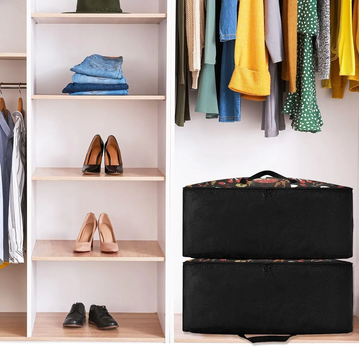 Mushrooms Black Background Storage Bags, 27.5x19.7x11 In, Garment Storage Organizer Travel Cargo Duffel Bags Storage Organizer for Clothes, Bedding, Comforter
