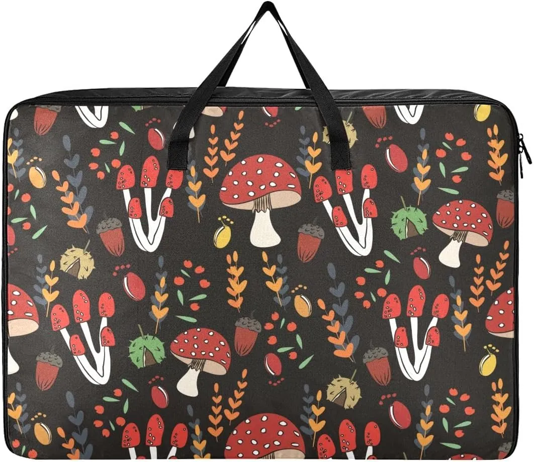 Mushrooms Black Background Storage Bags, 27.5x19.7x11 In, Garment Storage Organizer Travel Cargo Duffel Bags Storage Organizer for Clothes, Bedding, Comforter