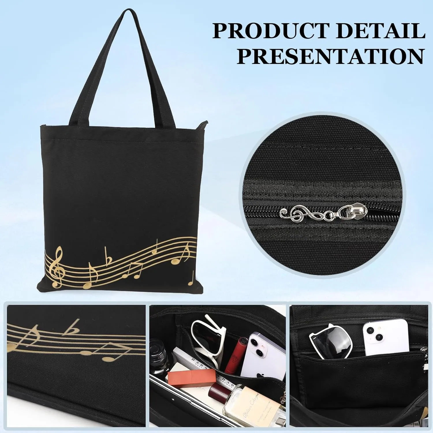 Music Notes Tote Bag, Canvas Handbag for Class, Reusable Shopping Bags, Music Gifts for Women