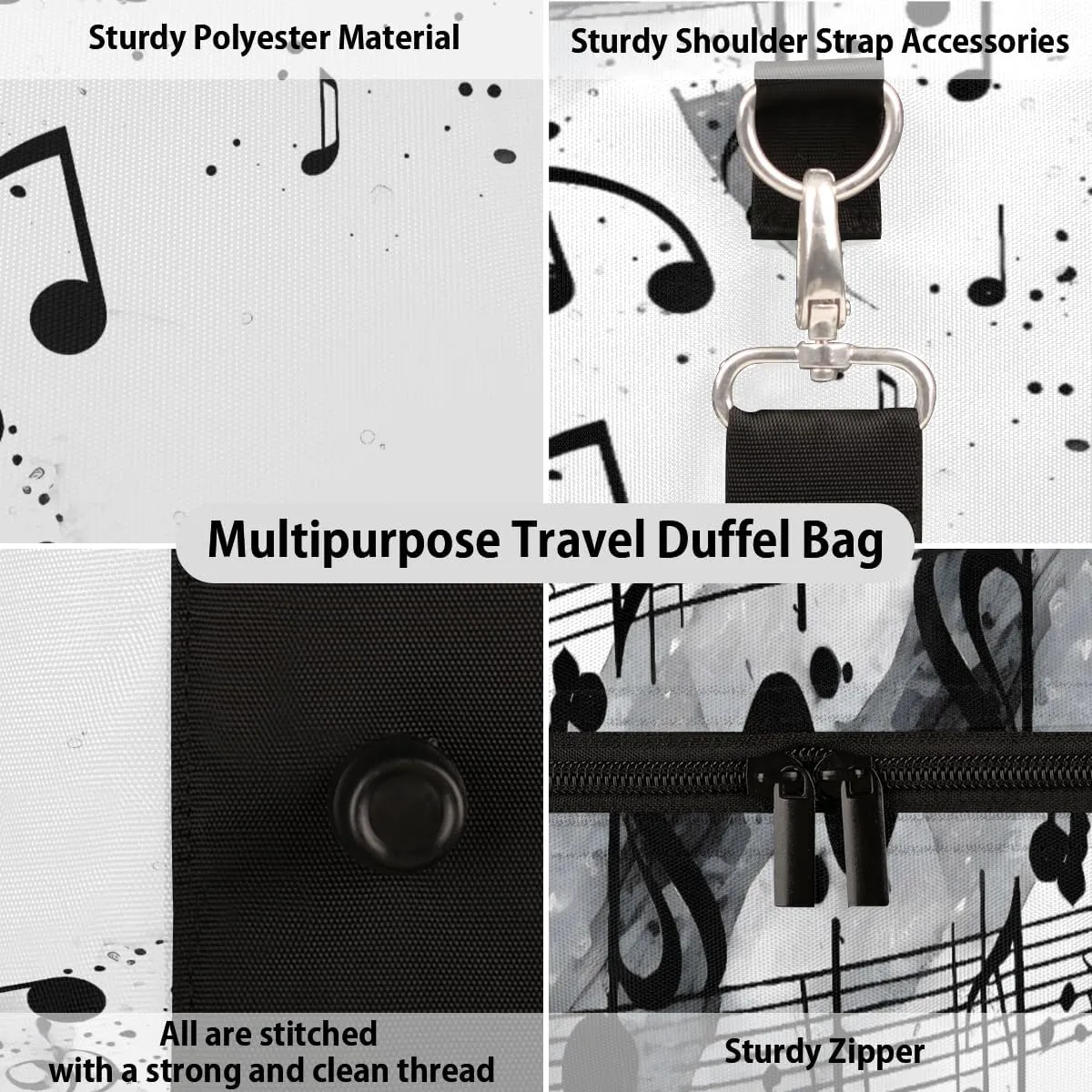 Musical Notes Travel Duffle Bag for Women Men Gym Duffel Foldable Bag Waterproof Weekender Black Grey Duffle Tote