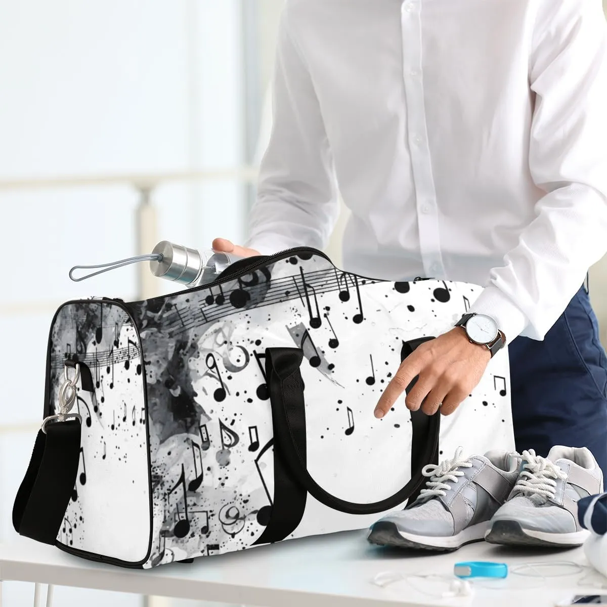 Musical Notes Travel Duffle Bag for Women Men Gym Duffel Foldable Bag Waterproof Weekender Black Grey Duffle Tote