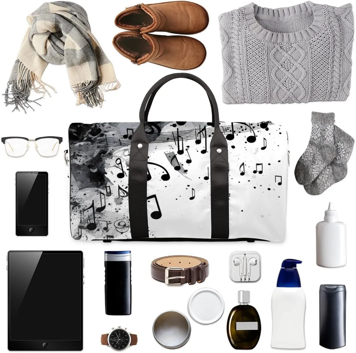 Musical Notes Travel Duffle Bag for Women Men Gym Duffel Foldable Bag Waterproof Weekender Black Grey Duffle Tote