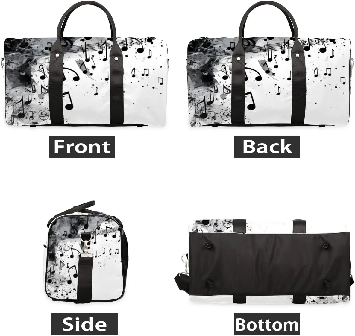 Musical Notes Travel Duffle Bag for Women Men Gym Duffel Foldable Bag Waterproof Weekender Black Grey Duffle Tote