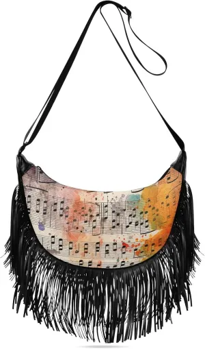 Musical-score Women Tassel Fringe Shoulder bag, Fringe Purse Crossbody, Women Tassel Hobo Bag with Zipper