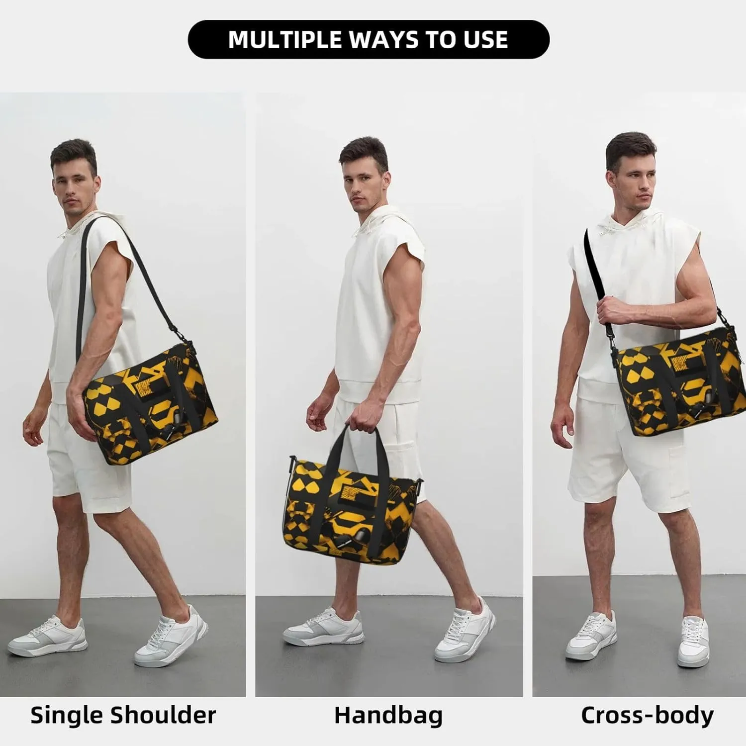 Mustard Yellow And Black Travel Bags, Weekender Carry On For Women, Sports Gym Bag, Workout Duffel Bag,Overnight