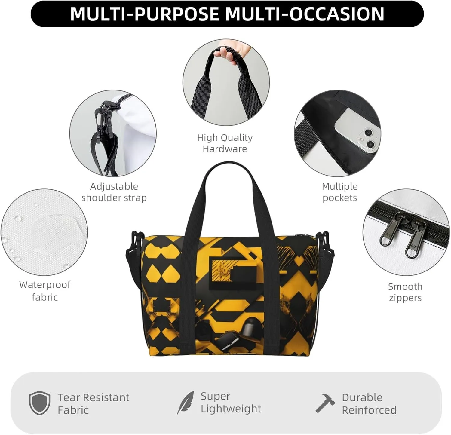 Mustard Yellow And Black Travel Bags, Weekender Carry On For Women, Sports Gym Bag, Workout Duffel Bag,Overnight