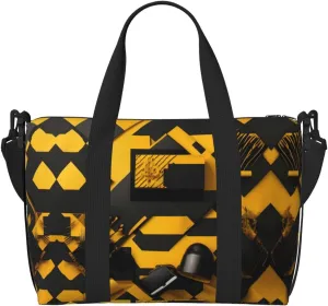 Mustard Yellow And Black Travel Bags, Weekender Carry On For Women, Sports Gym Bag, Workout Duffel Bag,Overnight