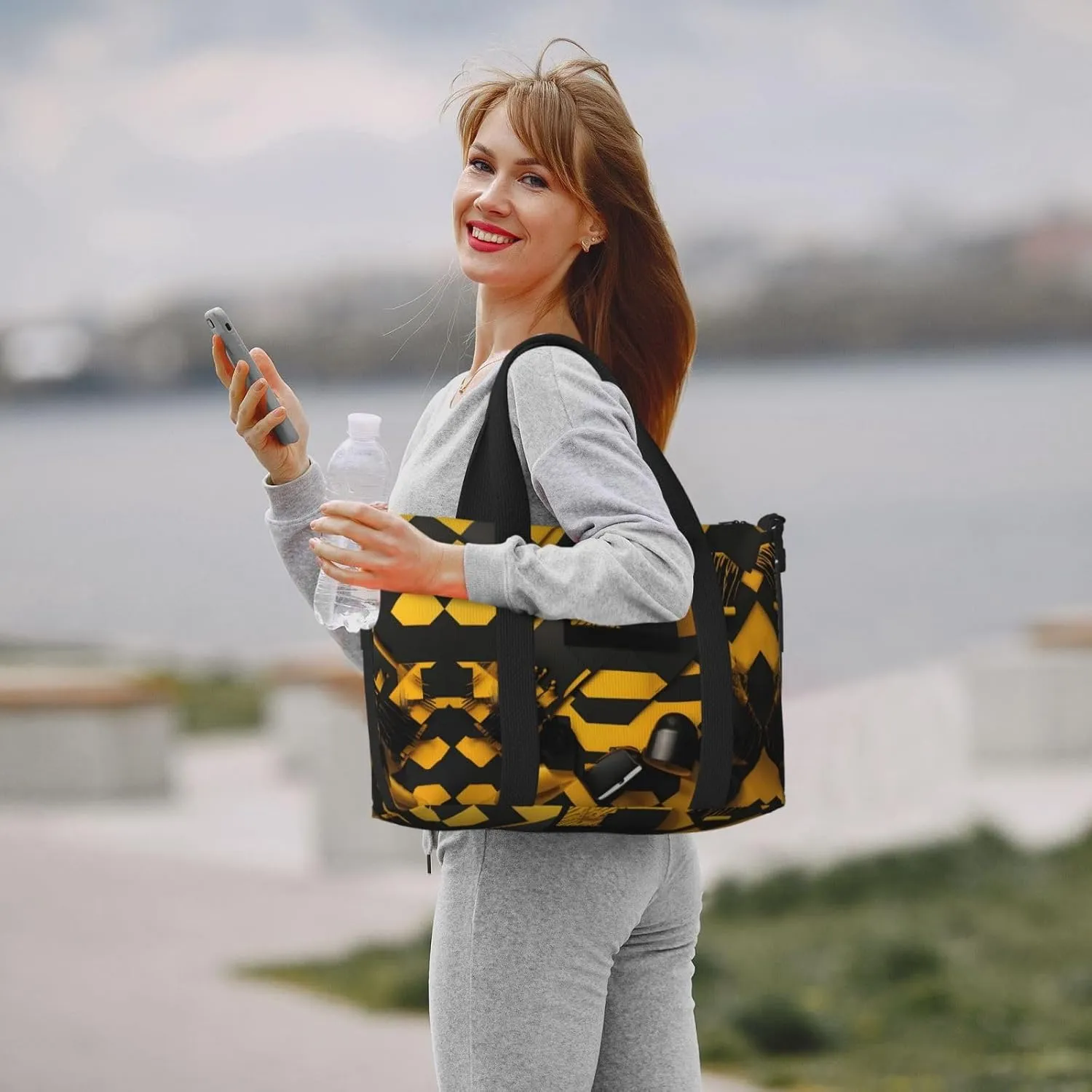 Mustard Yellow And Black Travel Bags, Weekender Carry On For Women, Sports Gym Bag, Workout Duffel Bag,Overnight