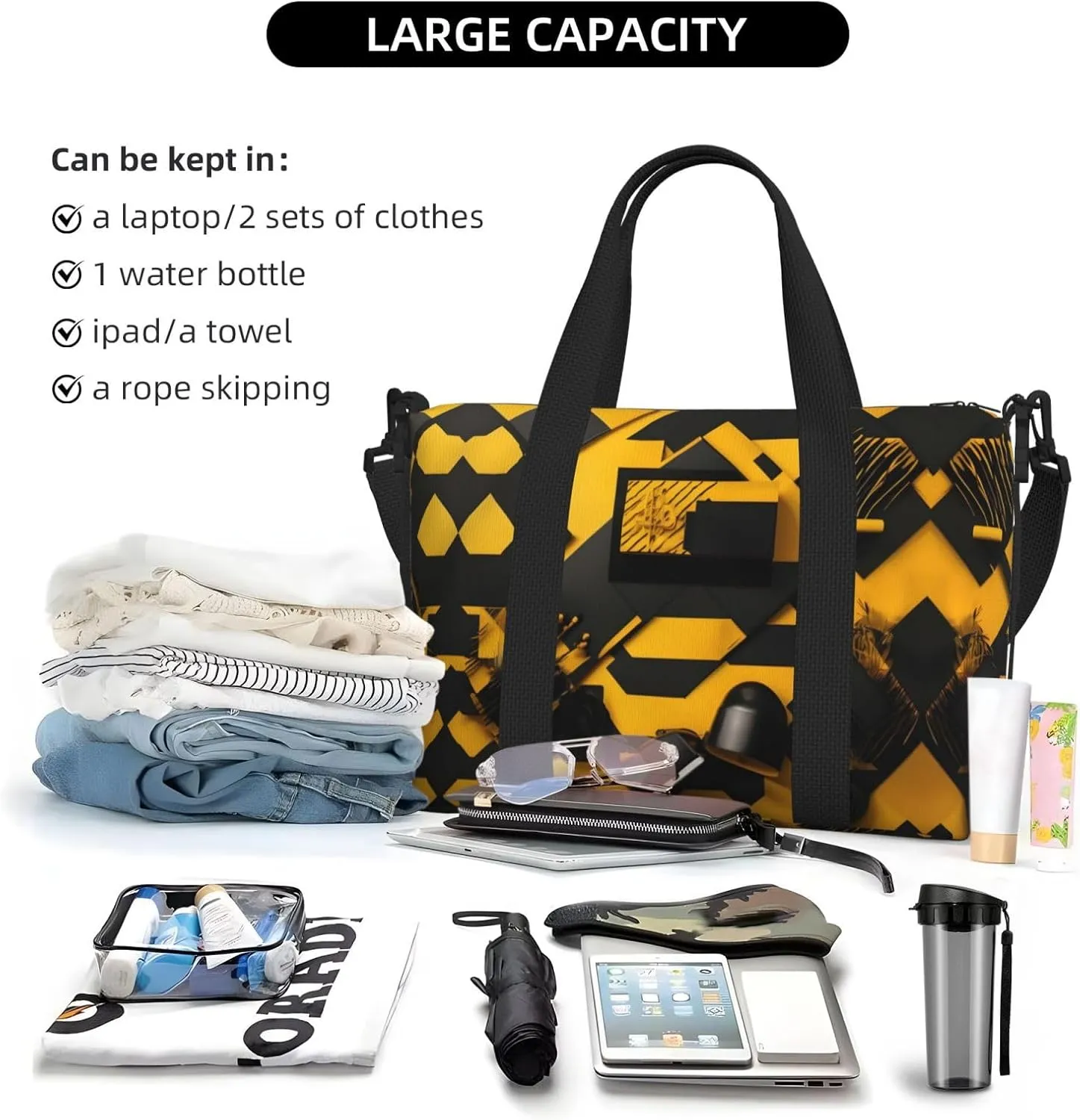 Mustard Yellow And Black Travel Bags, Weekender Carry On For Women, Sports Gym Bag, Workout Duffel Bag,Overnight