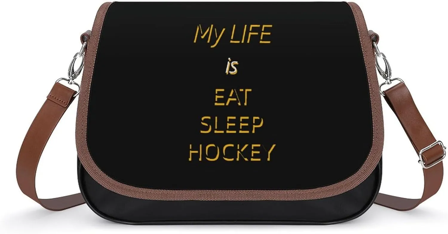 My Life is Eat Sleep Hockey Women's Crossbody Bag Leather Medium Shoulder Handbag Fashion Tote Purse with Adjustable Strap