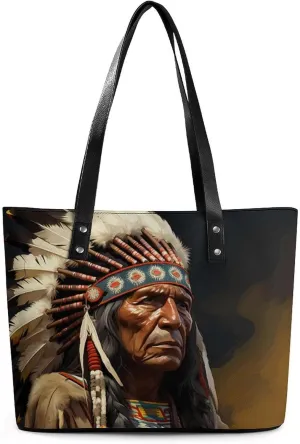 Native American The Old Chief Leather Handbags for Women Shoulder Tote Crossbody Travel Purses with Zippered