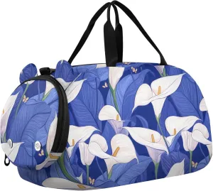 Nature Calla Lily Royal Blue White Duffel Gym Bags with Shoes Compartment Multifunctional Weekend Overnight Carry on Bag for School Practice, Sports, Travel