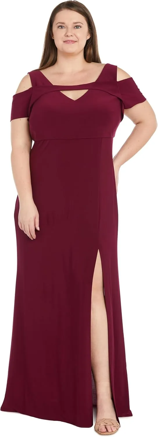 Nightway Elegant Full Length Evening Gown with Slit and Cut Out Shoulders