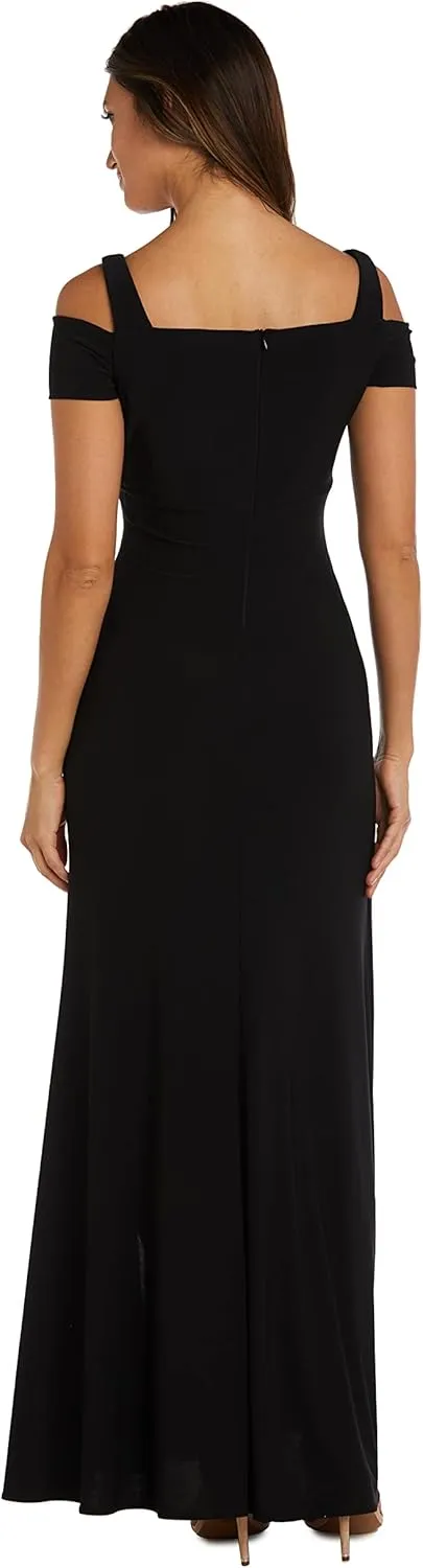 Nightway Elegant Full Length Evening Gown with Slit and Cut Out Shoulders