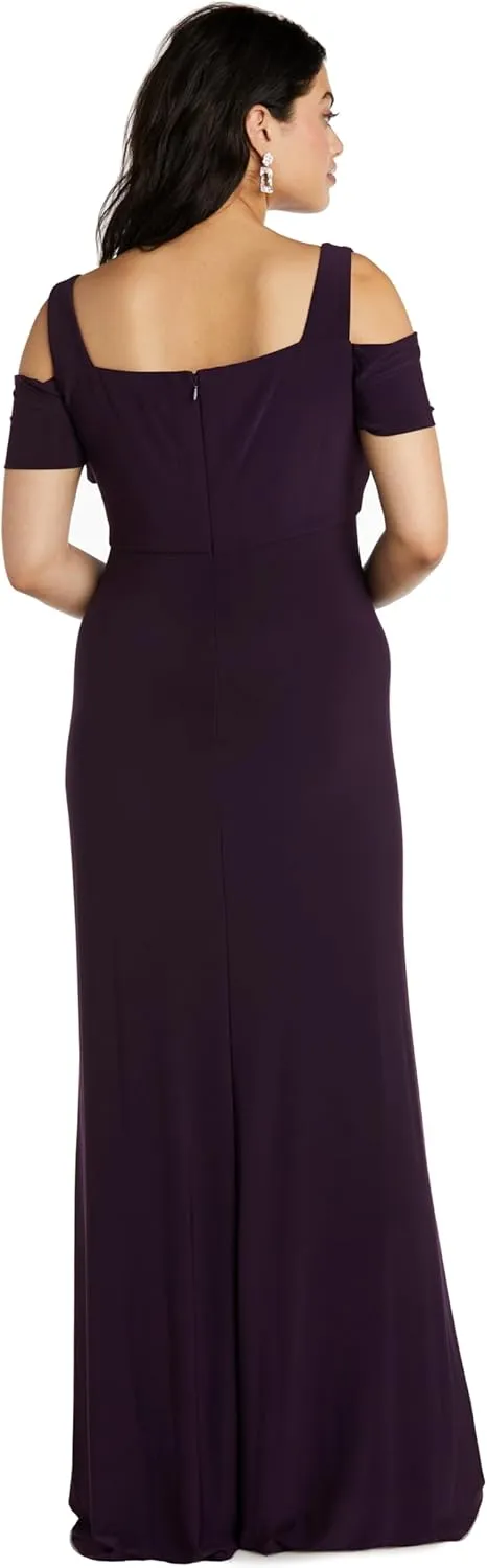 Nightway Elegant Full Length Evening Gown with Slit and Cut Out Shoulders