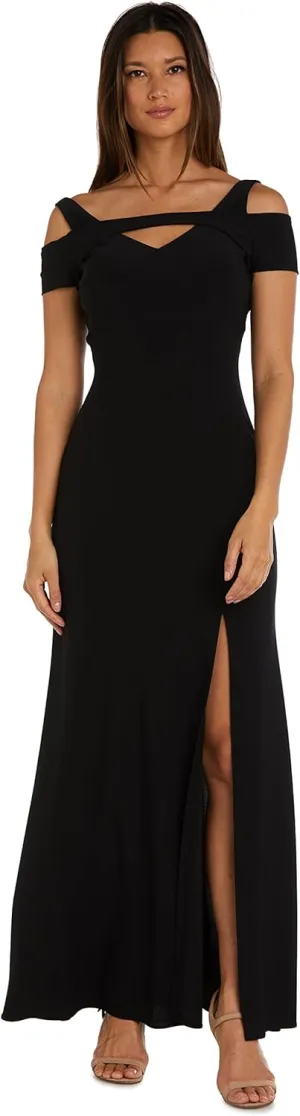 Nightway Elegant Full Length Evening Gown with Slit and Cut Out Shoulders
